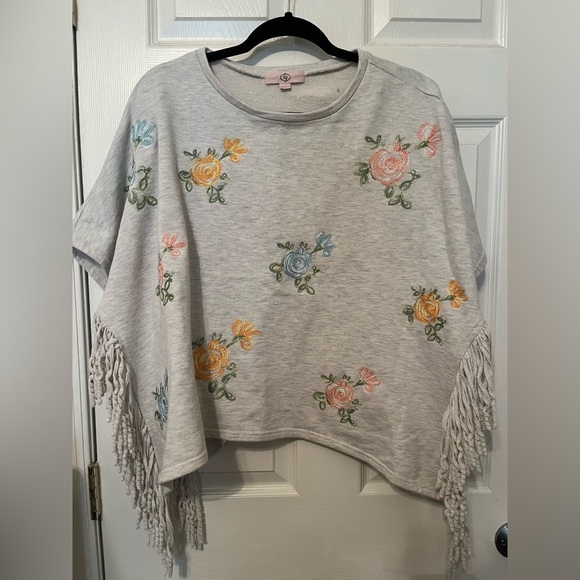 Anthropologie Jackets & Blazers - Anthropologie TP Gray‎ Floral Embroidered Poncho Cottagecore Floral Fringe